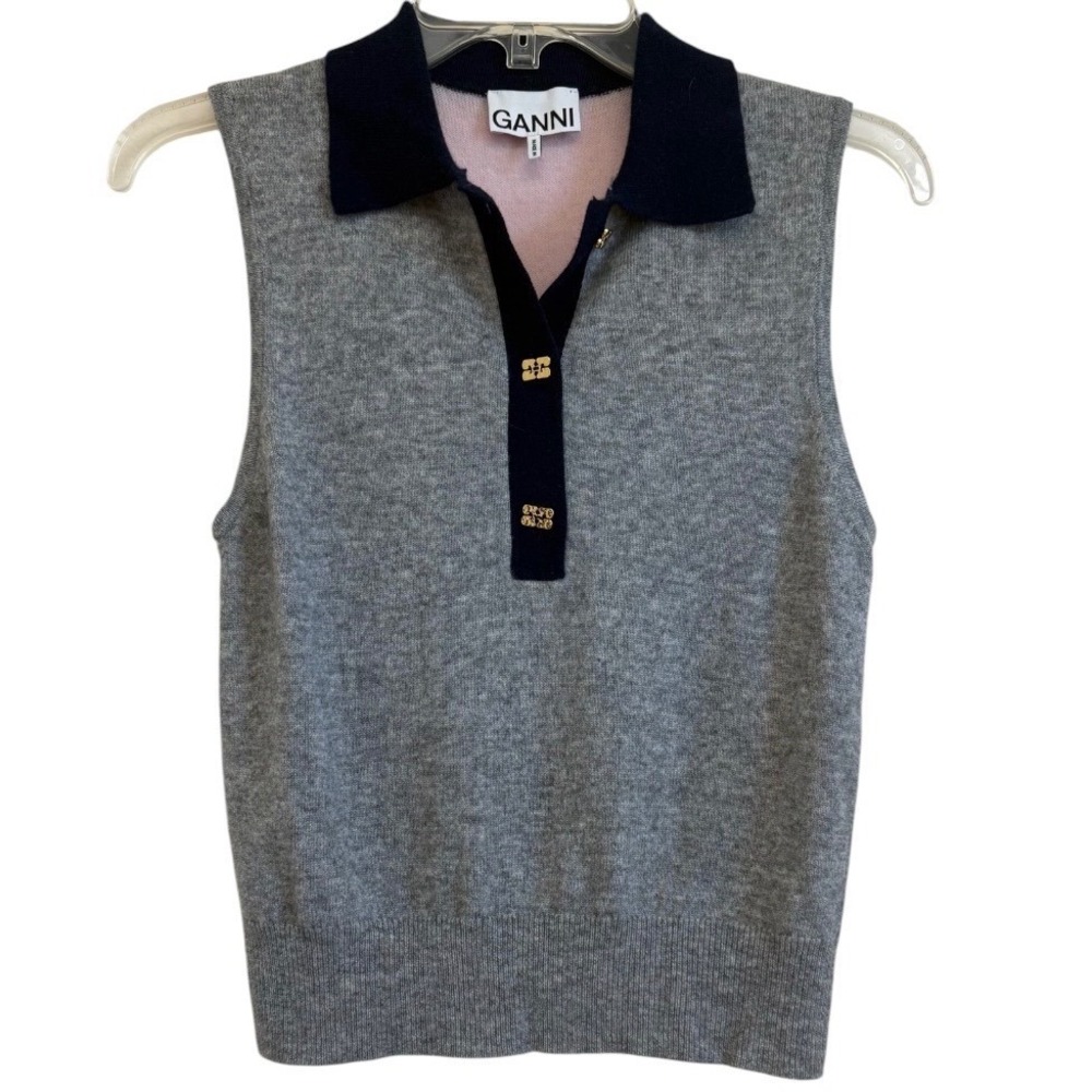 Ganni Merino Wool Cashmere Knit Polo Sweater Vest Grey Pink Navy XS